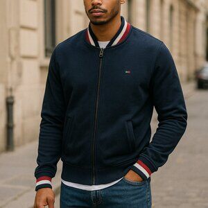 🧥 Tommy Hilfiger Navy Bomber Jacket with Red & White Trim